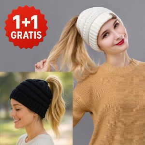 Gehaakte paardenstaart muts | BEANIEHUT 1+1 GRATIS